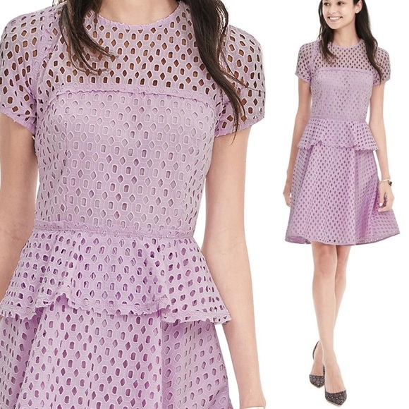 Banana Republic Eyelet Purple Lavender Aline Dress Peplum Modest Career Event 6 - Picture 1 of 9